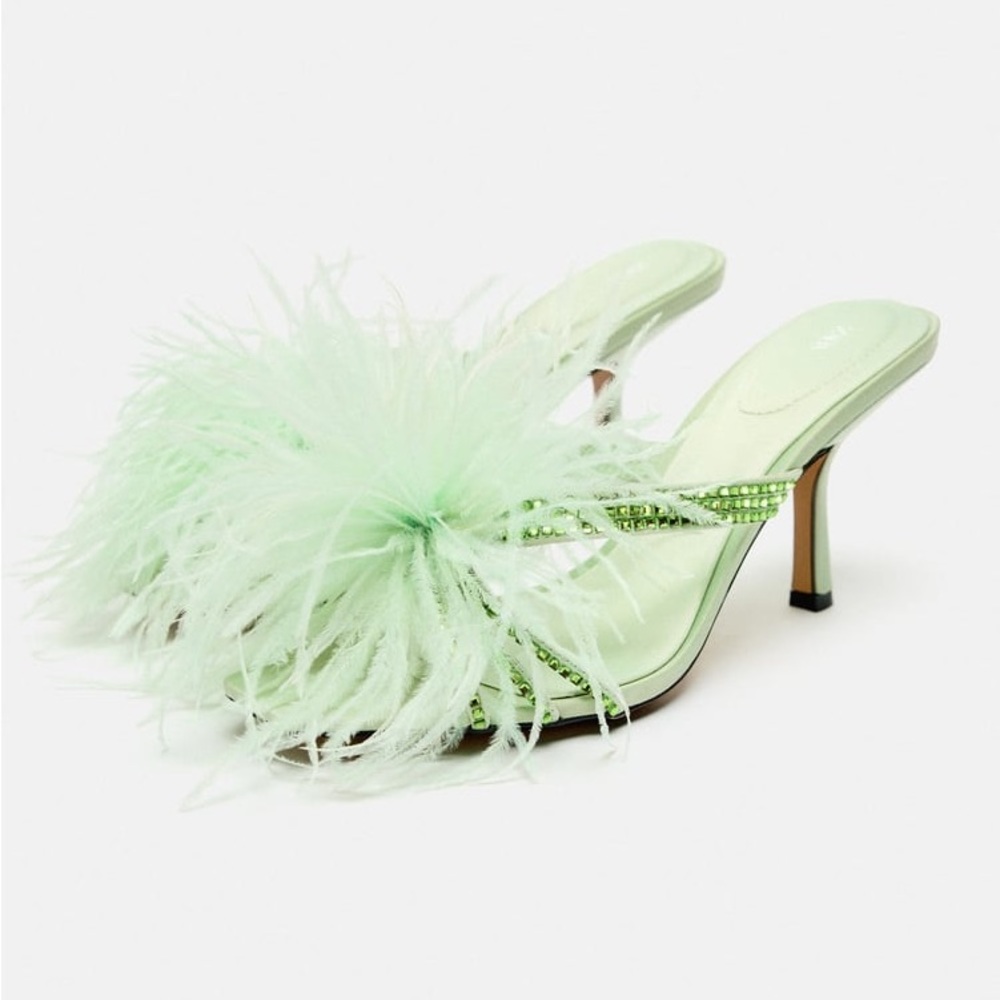 New Zara Feather light green rhinestone heels